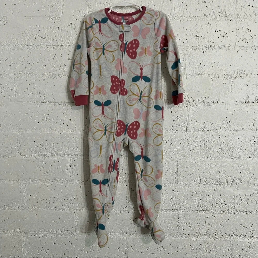 5/$25 Carters Girls Footie Pajamas 3T Gray Pink Butterflies Fleece D20